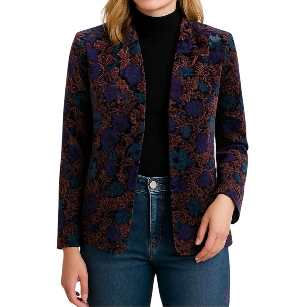 Vintage Floral Velvet Purple Floral Patterned Open Front Straight Blazer Sz L